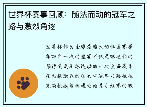 世界杯赛事回顾：随法而动的冠军之路与激烈角逐