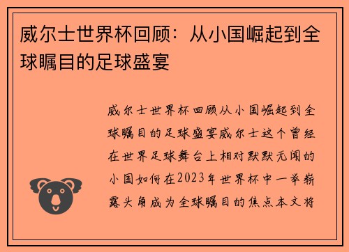 威尔士世界杯回顾：从小国崛起到全球瞩目的足球盛宴